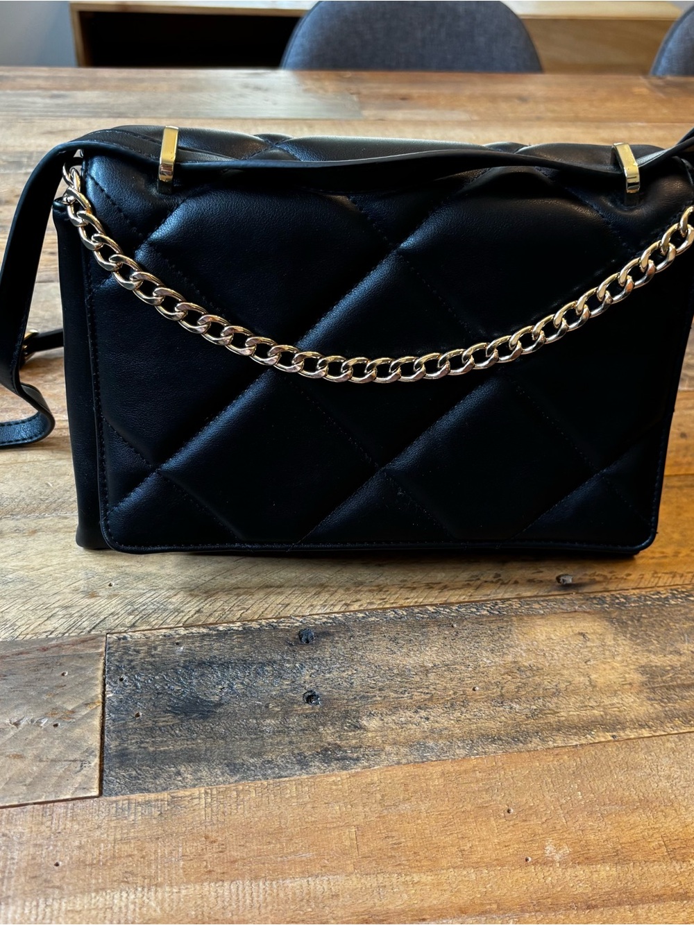 a new day Quilted Black Shoulder Bag with Gold Chain Accent
